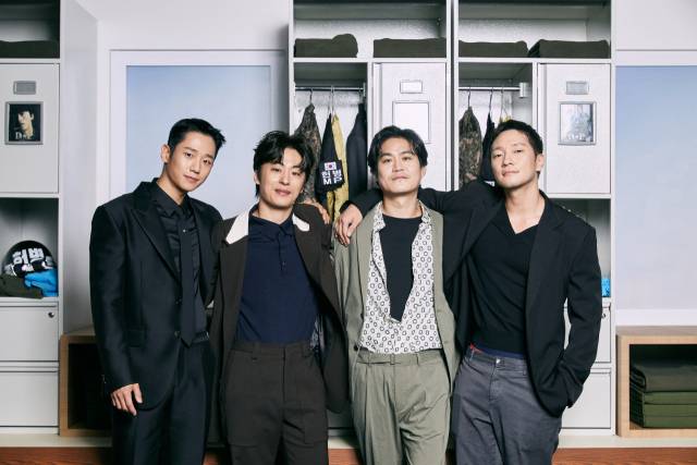 25일 오전 ‘D.P.’ 제작발표회에 참석한 배우 정해인, 구교환, 김성균, 손석구 /사진=딜라이트 제공
