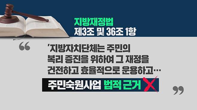 주민숙원사업은 명확한 법적 근거 없이 운영되고 있다. 현행법과 예산지침에 어디에도 주민숙원사업이란 명칭이 나와있지 않다.
