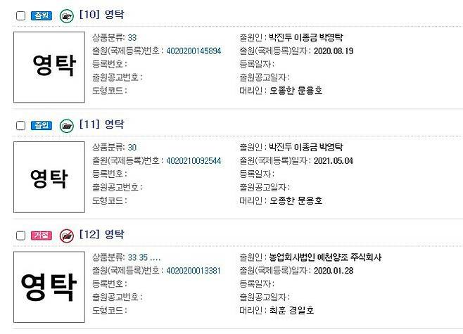 특허청 특허정보검색서비스(키프리스)에 올라온 '영탁' 상표 출원 신청. 상품분류 '30'은 커피·차·효모류, '33'은 알코올음료(맥주 제외)를 의미한다. /키프리스 캡처