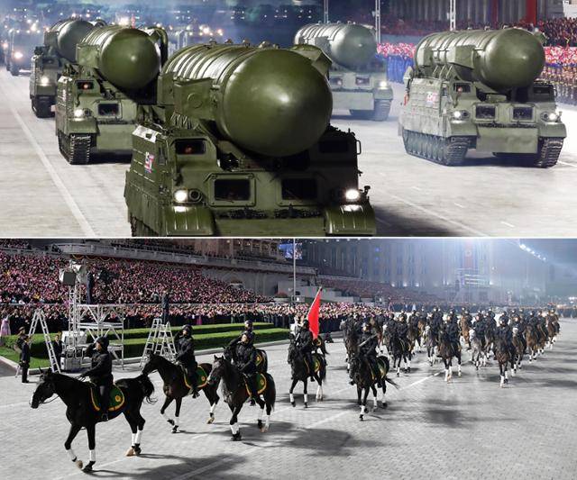 지난해 10월 평양 김일성광장에서 열린 당 창건 기념 열병식에서 신형 전략무기가 등장하고 있다(위). 9일 새벽 규모가 축소된 채 진행된 열병식에서 북한의 기마부대가 행진하고 있다. 평양=노동신문 뉴스1·AP 연합뉴스