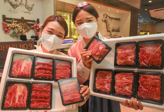 12일 경기 성남시 현대백화점 판교점 식품관에서 모델들이 추석 맞이 소포장 ‘한우 소담 선물세트’를 소개하고 있다.(사진=현대백화점)