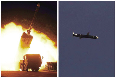 한미는 북한이 지난 11~12일 이틀 간 시험발사하고 13일 공개한 신형 장거리 순항미사일에 대한 분석을 진행중이다. 북한이 공개한 신형 장거리 순항미사일 시험발사 장면. [헤럴드DB]