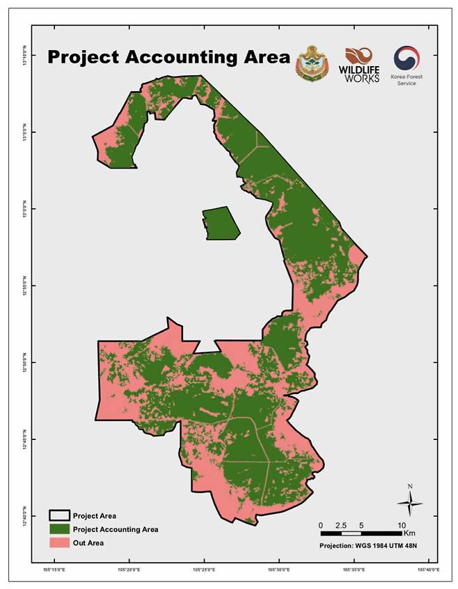 캄보디아 툼링 REDD+사업구역 내 사업회계구역 (녹색) 지도. 산림청 브리핑 자료 갈무리