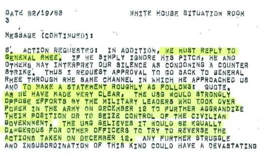 미국의 카터 대통령 기록관으로부터 5ㆍ18 민주화운동 관련 비밀해제된 미측 문서 사본. 미국 측에 역쿠데타 움직임을 제보한 '이범준 장군'(General Rhee Bomb June)이 명시돼 있다. 제공 외교부.