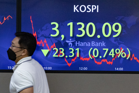 A screen in Hana Bank's trading room in central Seoul shows the Kospi closing at 3,130.09 points on Thursday, down 23.31 points, or 0.74 percent, from the previous trading day. [NEWS1]