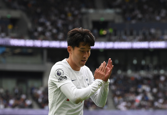 Son Heung-Min of Tottenham reacts during an English Premier League match between Tottenham Hotspur and Watford in London on Aug. 29. [EPA/YONHAP]