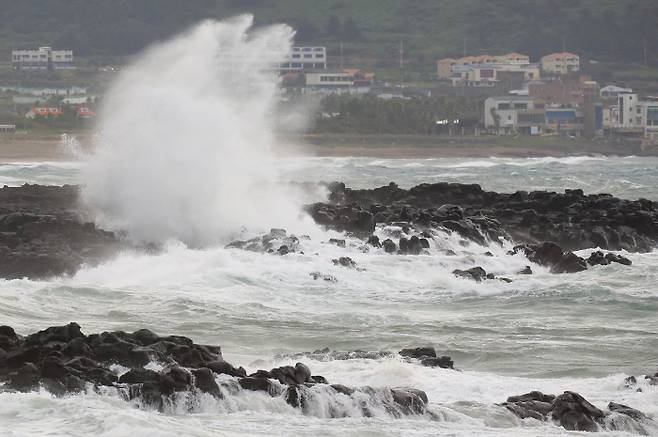 태풍 '찬투'가 제주를 향해 접근하는 16일 오전 서귀포시 안덕면 사계리 해안에 거센 파도가 몰아치고 있다. [사진 출처=연합뉴스]