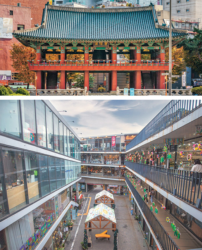 위 사진은 서울을 상징하는 시설물인 보신각. 아래는 인사동 복합문화공간 쌈지길.