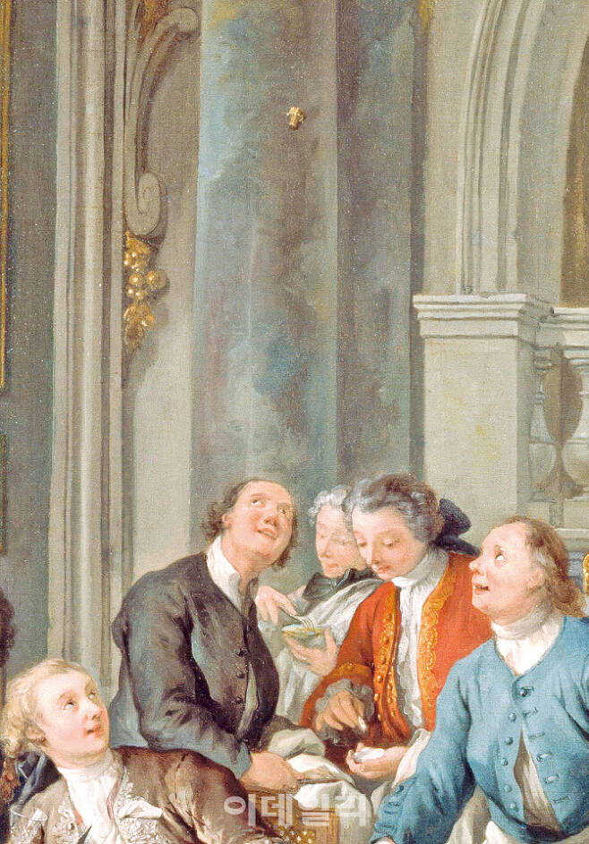 장 프랑수아 드 트로이의 ‘굴 오찬’(1735)의 부분을 클로즈업했다. 귀족·하인이 가릴 것 없이 ‘펑’ 소리와 함께 치솟는 코르크마개를 일제히 바라보며 즐거운 미소를 짓고 있다. 날아가는 그 순간을 포착한 ‘샴페인병 코르크마개’는 작품의 또 다른 주인공이라 할 만하다.