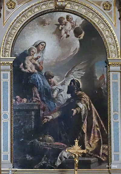 아기 예수를 안고 있는 성모 마리아에게 왕관을 바치는 이슈트반 1세.