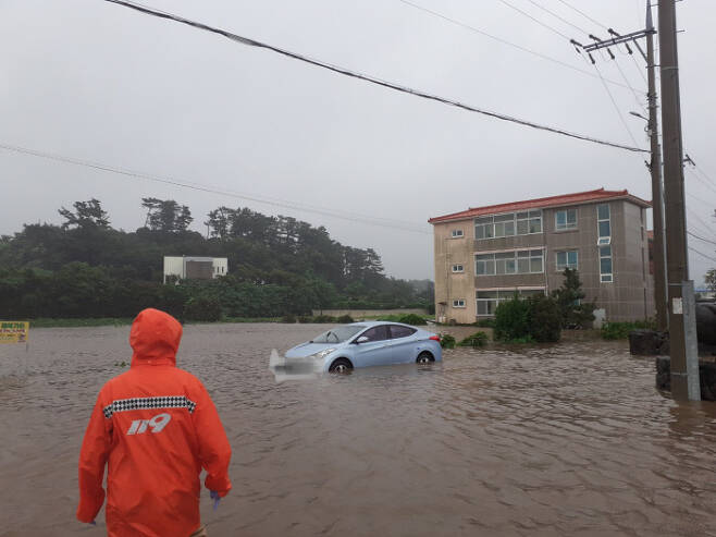 17일 오전 7시9분쯤 태풍 찬투의 영향으로 내린 폭우로 제주시 조천읍 도로가 침수되면서 승용차가 고립돼 운전자가 구조됐다. 제주도소방안전본부 제공
