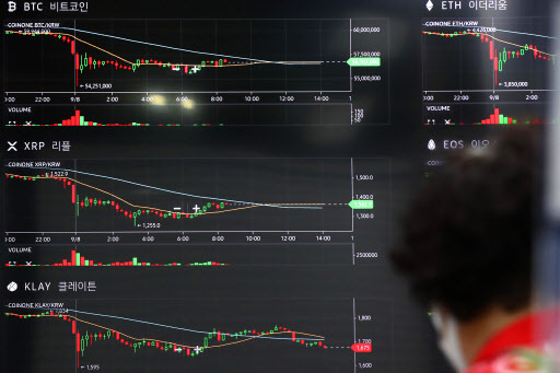 A customer looks at a digital price board of crpytocurrencies at a virtual asset exchange on Sept. 7. (Yonhap)