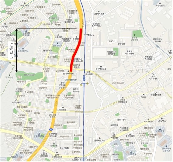 당동 지하차도 우리은행 사거리 한전주 지중화 1단계 구간(붉은 색 표시). / 사진제공=군포시