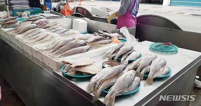 [대구=뉴시스] 이지연 기자 = 17일 대구 중구 서문시장의 한 생선가게에 조기가 가지런히 놓여져 있다. 2021.09.17. ljy@newsis.com