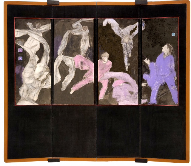 진영선 작가가 프레스코 병풍회화로 제작한 '무제'는 방탄소년단(BTS) 지민의 살풀이춤을 모티브로 현대화 한 한국 전통예술에 대해 이야기하고 있다.