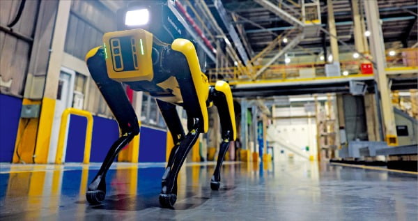 현대자동차그룹은 보스턴다이내믹스의 4족 보행 로봇 스폿을 기반으로 제작한 ‘공장 안전 서비스 로봇’을 기아 광명공장에 시범 투입한다. 로봇이 공장을 다니며 안전상 특이사항이 있는지 점검하고 있다.  /현대차그룹  제공