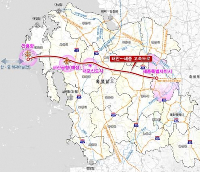 ▲ 충남 태안군이 2019년 3월11일 충남도에 제출한 제2차 고속도로 건설계획 수립 관련 노선 수요조사 위치도  ⓒ태안군