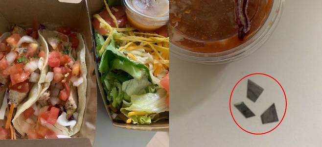 19일 한 네티즌이 받은 타코 음식(왼쪽)과 음식에서 나온 커터 칼날 3개(빨간 원). /온라인 커뮤니티