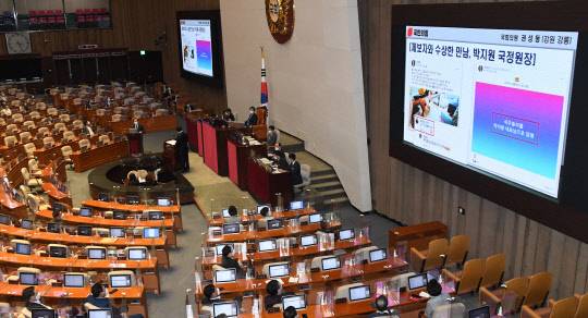 지난 9월13일 국회 본회의 정치분야 대정부질문에서 권성동 국민의힘 의원이김부겸 국무총리에게 '윤석열 검찰 고발 사주 의혹' 제보자인 조성은 전 미래통합당 선거대책위원회 부위원장과 박지원 국가정보원장이 의혹 최초 보도 전 수차례 회동을 가진 정황에 관한 질의를 하고 있다.국회사진기자단·연합뉴스