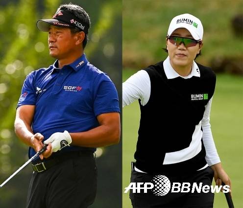 2021년 미국프로골프(PGA) 챔피언스투어 샌퍼드 인터내셔널 준우승한 최경주 프로와 미국여자프로골프(LPGA)투어 캄비아 포틀랜드 클래식 준우승한 이정은5 프로가 각각 최종라운드에서 경기하는 모습이다. 사진제공=ⓒAFPBBNews = News1