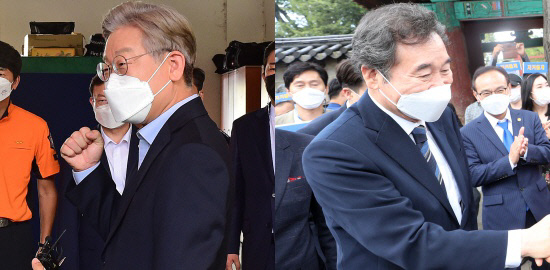 이재명 경기지사가 22일 서울 동작소방서를 방문했다(왼쪽), 이낙연 전 민주당 대표가 이날 전주 한옥마을을 방문했다. 국회사진기자단·연합뉴스