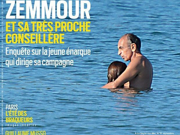 프랑스 대선 후보 에리크 제무르와 그의 보좌관 사라 크나포가 해변에서 둘만의 시간을 갖고 있는 장면을 파리마치가 포착해 표지에 게재했다./파리마치