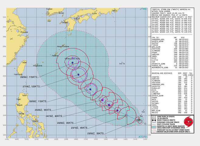 미국 합동태풍경보센터(JTWC)의 제16호 태풍 ‘민들레’ 예상 경로. JTWC 제공