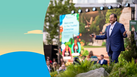 마크 베니오프 세일즈포스 CEO가 지난 21일(현지시간) 열린 글로벌 연례 행사인 '드림포스 2021'에서 발표하고 있다. [사진=세일즈포스]