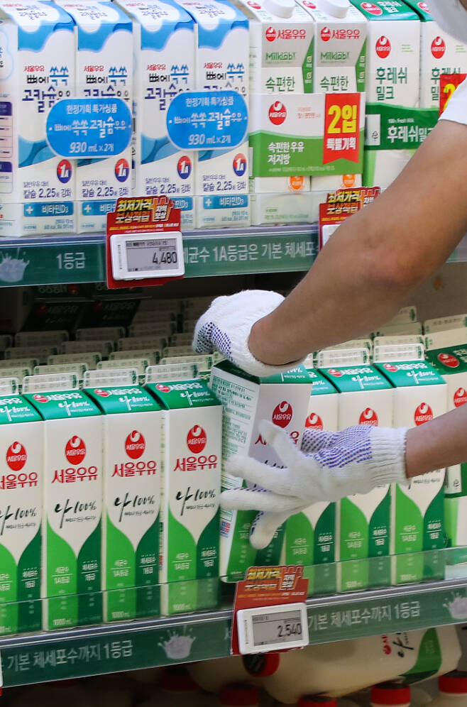 서울우유협동조합이 다음달부터 우유 제품 가격을 평균 5.4% 인상한다고 밝힌 23일 서울 시내 한 대형마트에 우유가 진열돼 있다. 연합뉴스