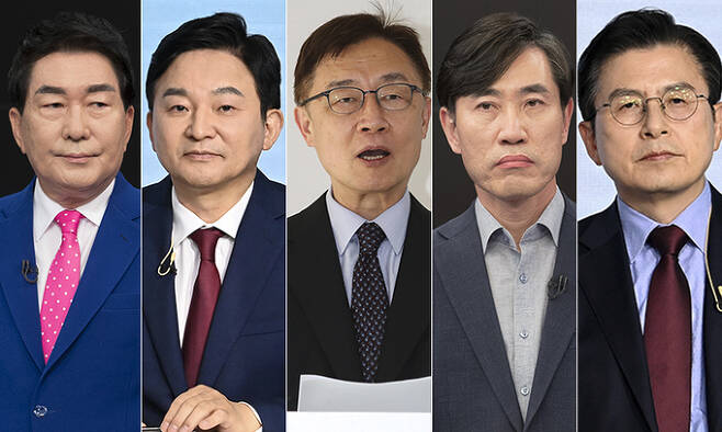 국민의힘 안상수(왼쪽부터), 원희룡, 최재형, 하태경, 황교안 대선 경선 후보. 연합뉴스