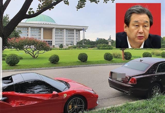'가짜 수산업자' 김모씨가 국회 앞에 자신이 모는 외제 차량(왼쪽)을 주차한 뒤 촬영해 사회관계망서비스(SNS)에 게시한 사진. 작은 사진은 김무성 전 의원.