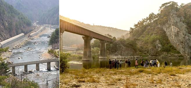 양원역에서 승부역 가는 길은 굽이굽이 협곡길이다. 왼쪽 사진은 승부역 인근의 승부교의 모습. 오른쪽은 원주 레일파크에서 촬영한 '기적'의 한 장면이다. 사진 중앙포토, 롯데엔터테인먼트