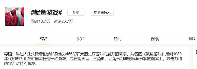 27일 기준 중국 웨이보에 오징어게임은 누적 조회수는 13만 7000여건에 달한다.[웨이보 캡처]