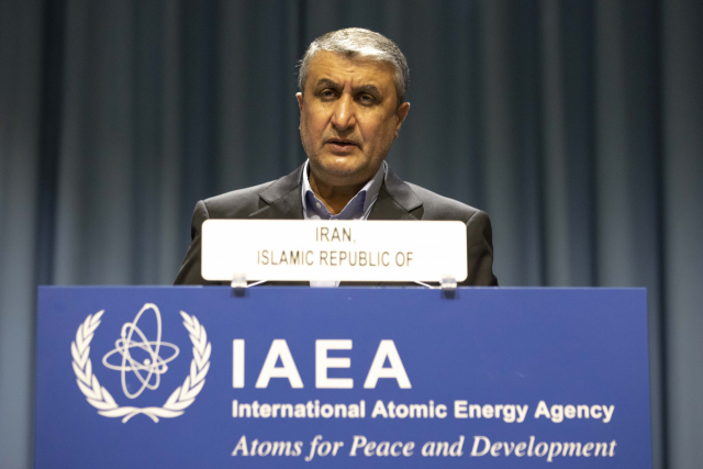 모하마드 에슬라미 이란 원자력청(AEOI) 청장이 지난 20일(현지시간) 오스트리아 빈에서 열린 제65차 국제원자력기구(IAEA) 총회에서 연설하고 있다. /연합뉴스