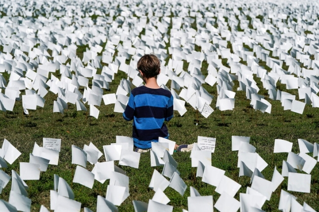 한 소년이 미국 워싱턴시 내셔널몰 공원에 설치된 코로나19 사망자 추모 깃발들 사이에 앉아 있다./사진=로이터