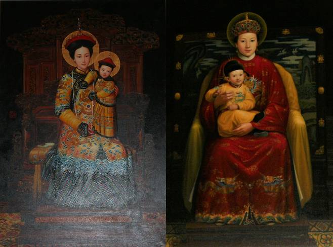 북경 천주교 북당의 만주족(왼쪽)-한족(오른쪽) 성모자 그림. 각각 만주족과 한족의 황후-황제 복장을 한 성모와 아기 예수를 묘사하고 있다. /이준갑 교수 제공