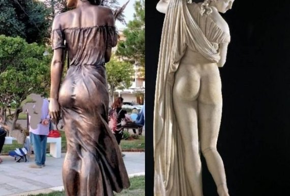 이탈리아의 중도좌파 민주당 여성 의원인 로라 볼드위니 의원이 몸매가 적나라하게 드러난다며 맹비난한 여성 동상(왼쪽). 볼드위니의 주장을 반대하며 이탈리아의 한 누리꾼이 예술 작품은 작품 자체로 봐야한다며 트위터에 보낸 사진(오른쪽). /사진=로라 볼드위니 의원 트위터