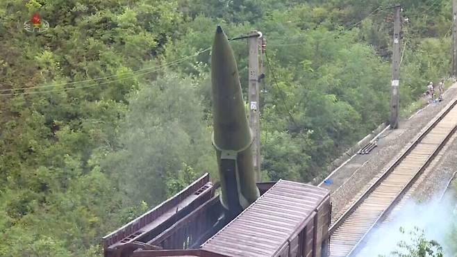 North Korea prepares to fire a short-range ballistic missile from a train on Sept. 15. (KCNA/Yonhap News)