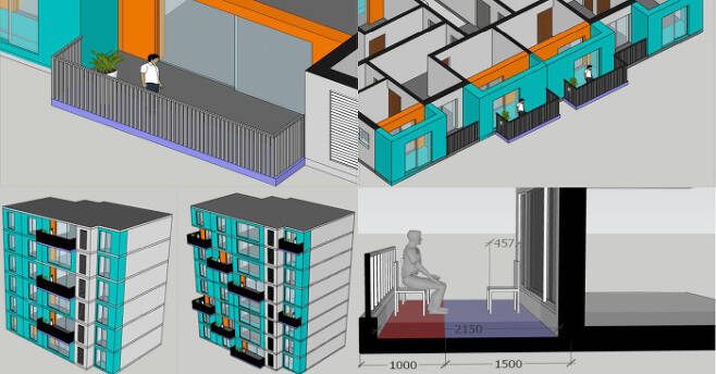 건축공간연구원 연구진이 다양한 폭을 지닌 발코니의 활용 가능성을 연구하기 위해 작성한 시뮬레이션용 모델링.