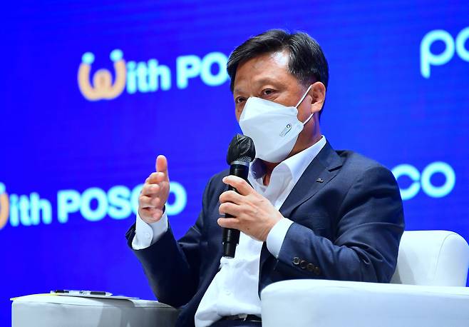Kim Hak-dong, the head of Posco’s steel business, speaks during a press conference at Posco Center in Seoul on Wednesday. (Posco)