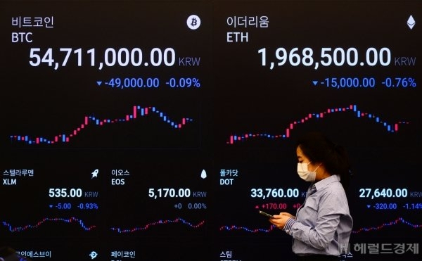 A digital board shows prices of major cryptocurrencies bitcoin and ethereum on August 20 at Upbit‘s headquarters in Seoul. (Yonhap)