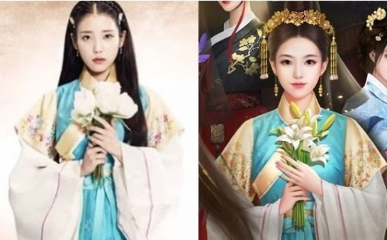 A hanbok costume worn by Korean singer-songwriter and actress IU in drama series “Moon Lovers” (left) and a clothing item from Chinese game Call Me an Emperor. (Online capture)