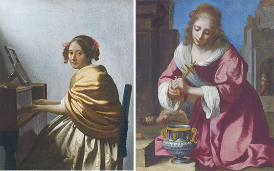 ‘버지널 앞에 앉은 젊은 여인(A Young Woman Seating at The Virginals, 1670~1672년경)’. 발견 이래 오랫동안 모작으로 여겨졌던 작품. 안료 성분 분석 등 급격히 발전한 과학적 연구에 힘입어 진품으로 판명됐다. 2004년 경매에서 소품임에도 불구하고 350억원이라는 높은 가격에 낙찰됐다. 
성 프라세디스(Saint Praxedis, 1655년)’. 독학으로 그림 공부를 한 것으로 알려진 페르메이르가 이탈리아 화가의 그림을 따라 그린 작품. 2014년 크리스티 런던 경매에서 약 620만파운드(약 125억원)에 낙찰된 바 있다.