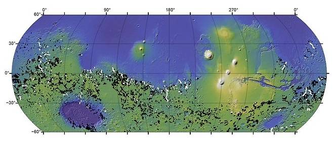 화성의 계곡 지도 크레이터 호수 범람으로 형성된 계곡은 흰색, 점진적으로 형성된 계곡은 검은색으로 표시돼 있다. [Goudge et al.제공/ 재판매 및 DB 금지]