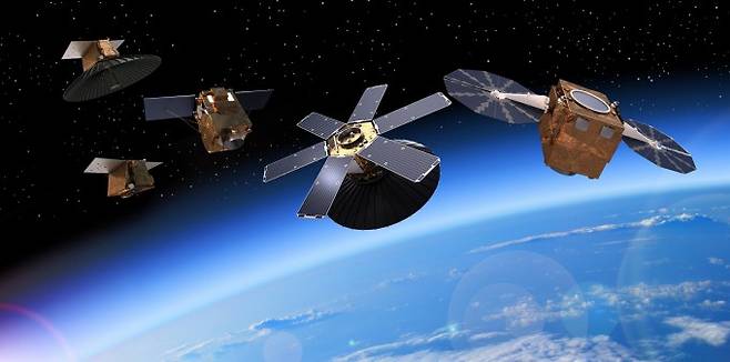 지구관측 프로젝트 '코페르니쿠스'와 위성항법시스템 개념도. 에어버스 제공