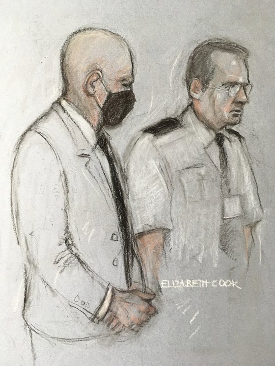 29일 런던 법원에서 쿠전스가 재판을 받는 모습을 묘사한 그림. AP=연합뉴스