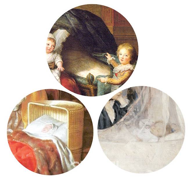 엘리자베스 비제 르브룅의 ‘마리 앙투아네트와 자녀들’(1787·위), 사뮈엘 반 호흐스트라텐의 ‘요람 곁에 있는 어머니’(1670경·아래 오른쪽), 베르트 모리조의 ‘요람’(1872)의 각 부분을 클로즈업했다. 르브룅의 ‘푸른 벨벳으로 덮인 화려한 요람’, 반 호흐스트라텐의 ‘버들가지로 정교하게 짠 요람’, 모리조의 ‘반투명한 천을 보호막처럼 두른 요람’ 등, 마치 17·18·19세기를 대표하는 듯하지만, 요람 곁에 스민 ‘어머니 인생’이란 불변의 진리는 그대로 녹아 있다.