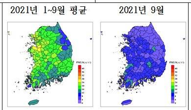 지역별 초미세먼지 농도 현황. 올해 전체 평균과 비교해 9월은 전국에서 유독 파란색(낮은 수치)이 선명하다. 자료 국립환경과학원