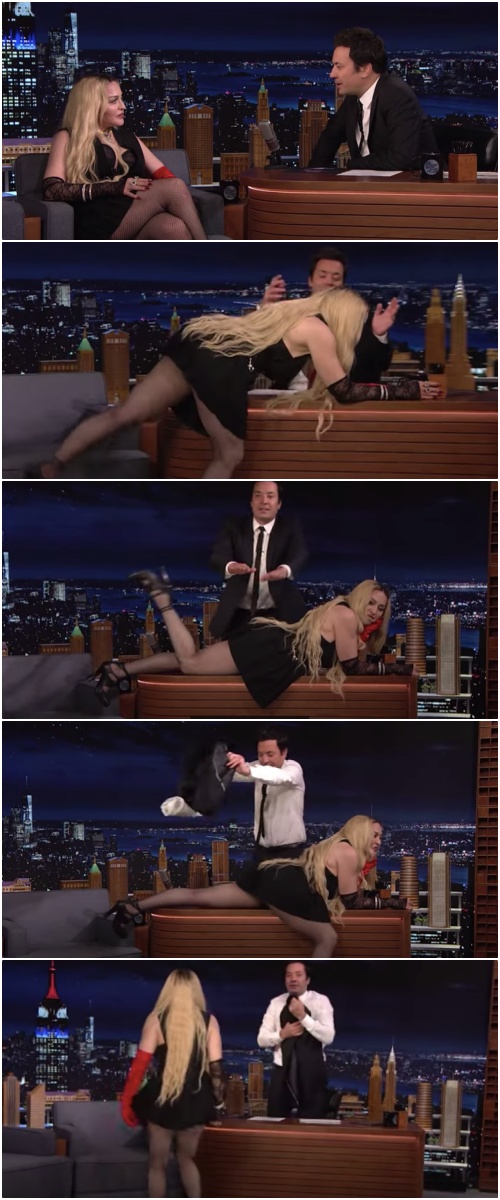 Pop star Madonna, 63, who rocked the world with Lik a Virgin, is gathering attention on the desk of Jimi Hendrix Fallon.Madonna appeared on The Tonight Show Friday, and took a provocative pose on the desk of host Jimi Hendrix Fallon.Madonna visited a late-night show to promote her new documentary, Madame X, and began the interview, opening the words, I want viewers to understand that art is important in our lives.Madame X is also the album name Madonna released in June 2019.Madonna quoted author James Baldwin as saying artists are here to disrupt peace and added: So, I hope I have interrupted the peace of viewers watching the show as well as your peace this afternoon.When Fallon said its a good problem, Madonna said it really is, then pushed the coffee cup placed on the desk aside and jumped on it.The birth of the audience burst out and the glamorous body was outstanding.Fallon attempted to cover Madonnas body with his suit jacket but to no avail, and immediately laughed and shouted Stop! Stop! Stop!Madonna didnt stop here: she lifted her skirt back to her seat, showed studio audiences her back and exposed her underwear-clad hips.Jimi Hendrix Fallons extremely weary look gave the viewer a laugh.Madonna, 63 this year, is in a love affair with her 36-year-old 27-year-old dancer Williams.Toonai Show YouTube video captures