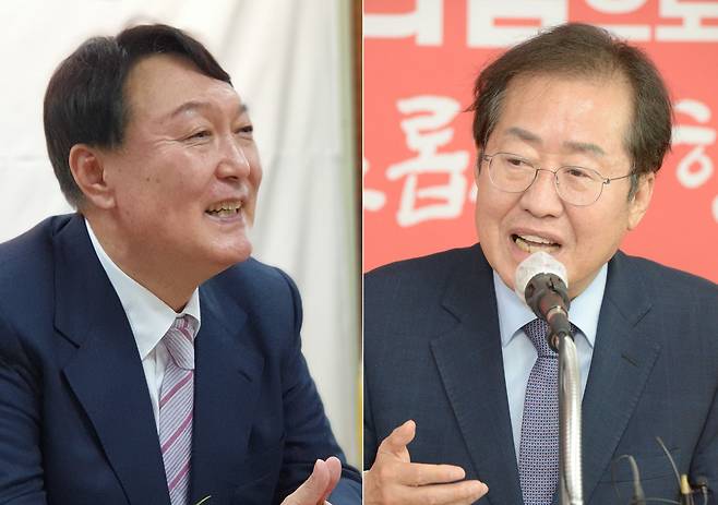 국민의힘 대선 경선 주자인 윤석열 전 검찰총장(왼쪽)과 홍준표 의원(오른쪽)./뉴시스,연합뉴스